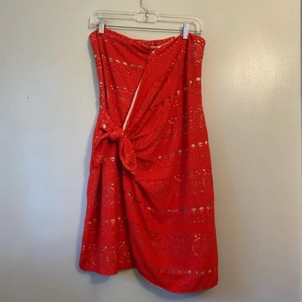 Free People, Oceanside orangy red Crochet Strapless Minidress size‎ large new!!!